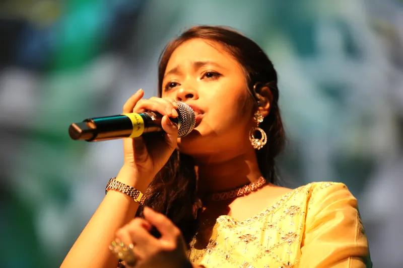 Close-up of a singer at the microphone